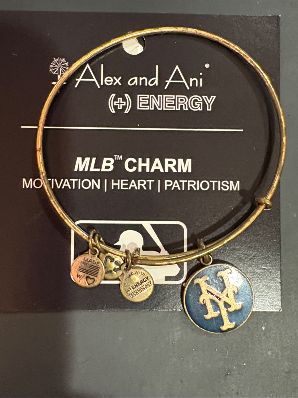 Alex and Ani Gold Tone Bangle with Blue NY Mets Enamel Charm